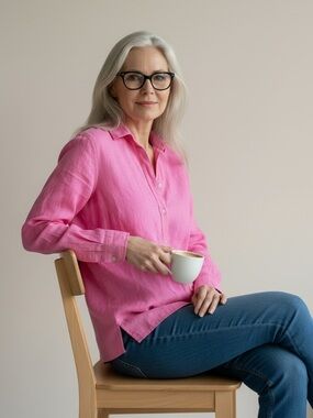 Karen Scott Pink Linen Blend Button Front Blouse M